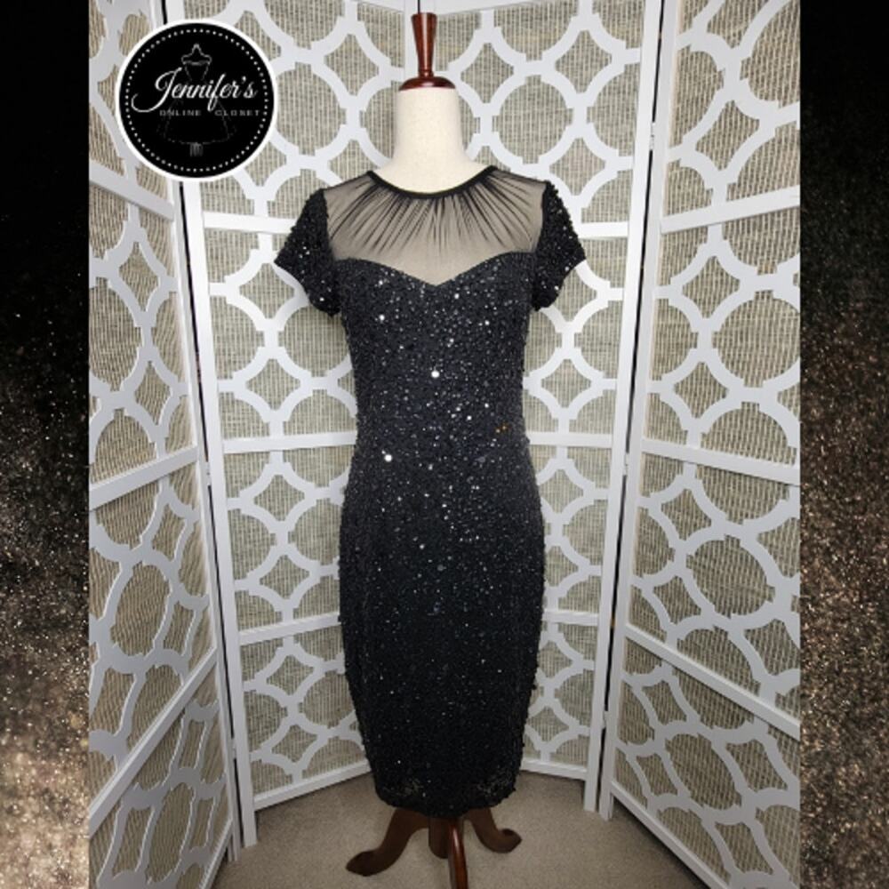 Adrianna Papell Black Sequin Embellished Mesh Neckline Sheath Dress Size 8